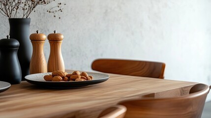 Wall Mural - Interior design of stylish dining room with family wooden table, modern chairs, plate with nuts, salt and pepper shakers. Concrete floor and white wall template