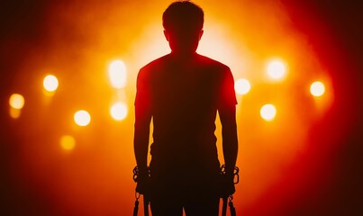 Poster - Silhouette of man holding chains in front of lights.