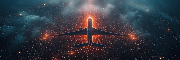Wall Mural - a commercial airplane travels through a digitally abstract night sky with connected glowing paths, c