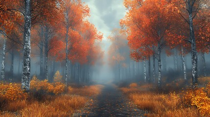 Wall Mural - A winding path through a foggy autumn forest with birch trees with orange leaves on either side of the path.