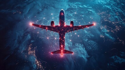 Wall Mural - an airplane flying above earth, surrounded by a digital network of glowing red nodes and connections