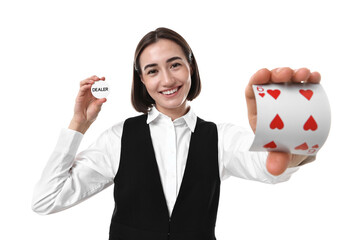 Professional croupier with cards and dealer button on white background