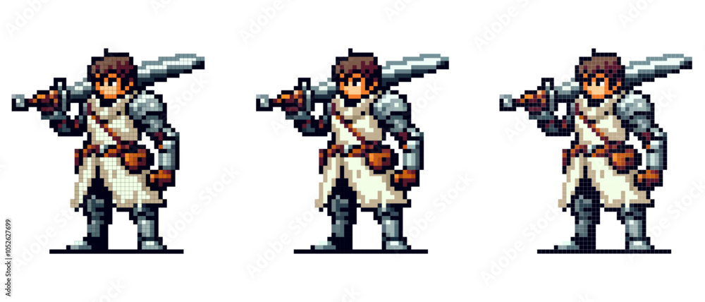 The pixel warrior stands confidently holding a large sword, wearing ...
