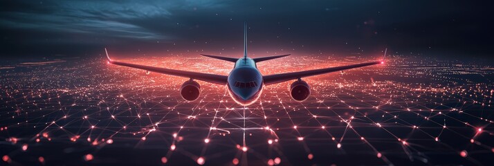 Wall Mural - a jet navigates above earth’s luminous grid, symbolizing the integration of aviation, technology, an