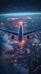 Wall Mural - an airplane floats over a glowing world seen from cosmic heights, capturing the essence of futuristi