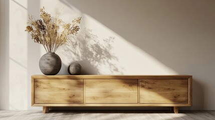 Wall Mural - Minimalist living room with wooden sideboard, brown vase, dried flowers, gray sculpture, and copy space