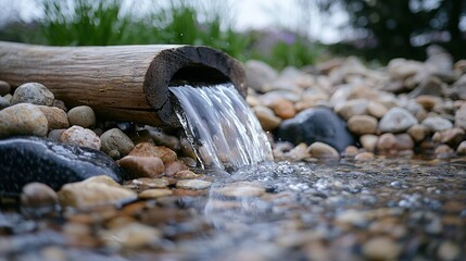 Wall Mural -   Stream of water flowing from pipe onto rocky terrain