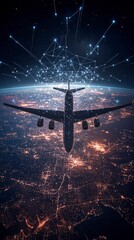 Wall Mural - aircraft traveling through digital network above illuminated cityscape, symbolizes global connectivi