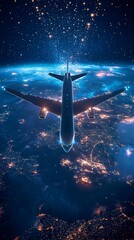 Wall Mural - an airplane elevates into a sky dotted with connecting lights, representing the integration of human