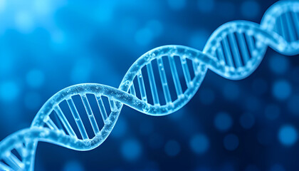 Transparent detailed DNA strand on modern scientific technology blue illustration background, dna background