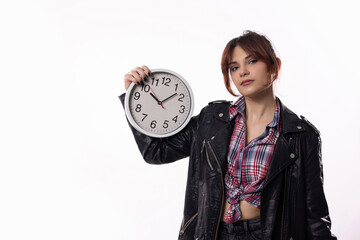 A Fashionable Young Woman Holding a Clock in a Distinctive Modern Style and Flair