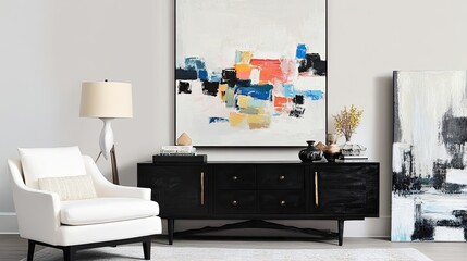 Modern living room with abstract art, a white armchair, and a black wooden sideboard, accented by personal accessories