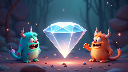 Two cute cartoon monsters excitedly discovering a glowing diamond in a mystical forest