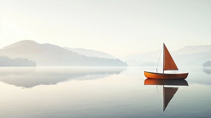 Wall Mural -   A small boat floats on a lake beside a lush green forest, with a mountain range and dense fog in the background