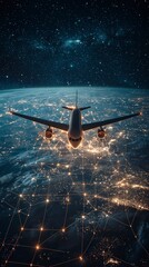 Wall Mural - airplane navigating through cosmic scenery over a city grid beautifully lit, depicting the merge of 