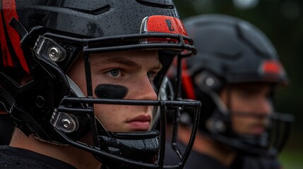 Close-up of a young football player wearing a helmet, looking determined during a rainy game.