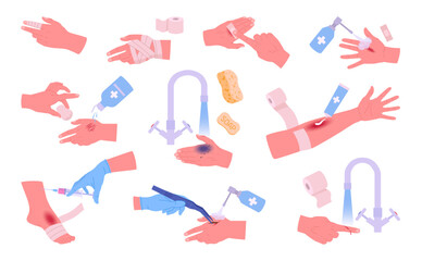 Wall Mural - injured human hands. first aid for fracture, body skin burn and cut, medical treatment for arms inju