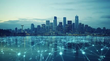 Aufkleber - Urban Skyline with Digital Connectivity Concept