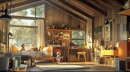 A family with a toddler spends a weekend in a cozy, modern cabin in the countryside.