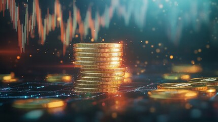 Aufkleber - Stacked Coins with Digital Background and Graphs