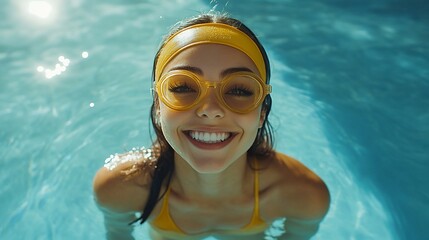 A young woman wearing yellow goggles and a headband smiles cheerfully while swimming in a pool.