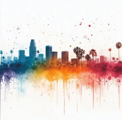 Poster - Vibrant sunset over Los Angeles skyline with palm trees and colorful sky effects