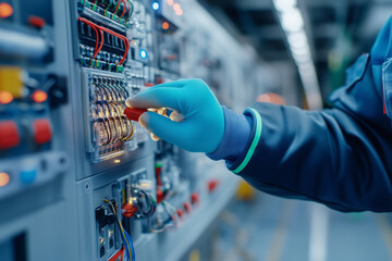 Fototapete - A mechanic inspects electrical systems in an airplane hangar during maintenance