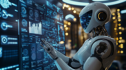 Aufkleber - A futuristic robot presents intricate data visualizations in a tech hub