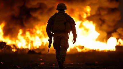 A silhouette of a soldier walking towards a large fire, with the flames illuminating the scene.