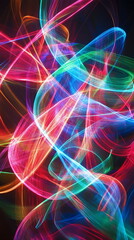 Wall Mural - A tapestry of glowing neon curves in red, blue, and green, interweaving to form a hypnotic pattern reminiscent of light trails. Vertical banner web cover, print ad, presentation, brochure template