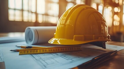 Construction helmet and tools on blueprints with sunlight in an active workspace