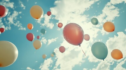 Balloons in bright colors hang outside on a day with clouds in the sky.