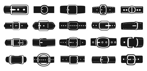 Wall Mural - Belt with buckle monochrome black icons set. Waist fashion accessory. Adjustable leather cloth loop design element. Dog collar. Black and white simple flat style. Isolated vector on white background