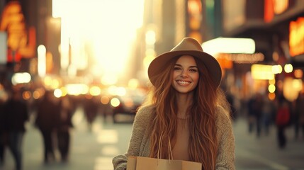 Young woman enjoying a sunny day at a coastal city with colorful shopping bags in hand