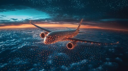 Wall Mural - an airplane adorned in orange lights soars above a digital grid of clouds and stars, merging technol