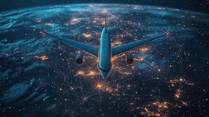 Wall Mural - a high-flying airplane adorned with lights creates a web-like pattern against the glowing earth, rep