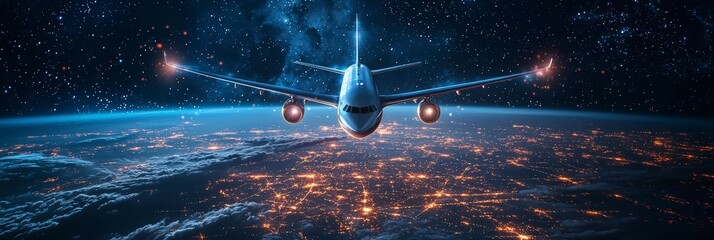 A passenger plane majestically soars above a lit-up Earth, traversing through a matrix of digital lines, highlighting global connectivity and advanced avionics.