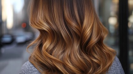 Shiny Caramel Balayage on Thick Wavy Hair