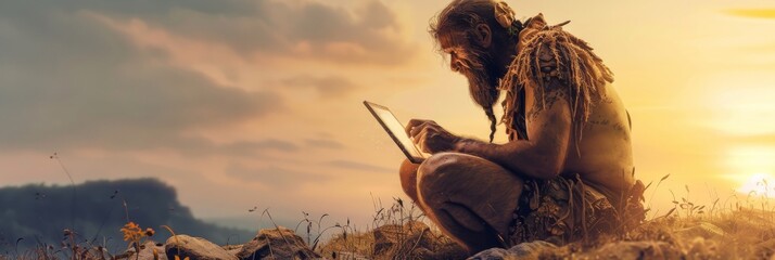 Ancient Stone Age Programmer, Prehistoric Programming, Neanderthal Man Working