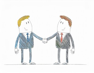 Two businessmen shaking hands, smiling, after closing a deal or reaching an important business agreement