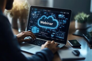 Wall Mural - businessman attending webinar on laptop with cloud technology interface