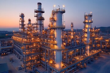 Fototapete - Oil refinery plant lighting up at twilight showing industrial power