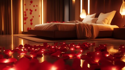 A luxurious bedroom filled with rose petals and soft ambient lighting reflecting off silk sheets