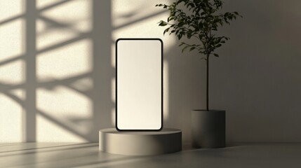 Aufkleber - A sleek smartphone rests on a circular pedestal beside a tall potted plant, capturing the warm, soft light of the afternoon. The subtle shadows create a serene ambiance in the minimalist space.