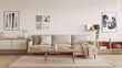 © BackgroundStudio - Minimalist living room with beige sofa, wooden coffee table, and art prints on the wall.