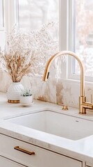 Wall Mural - A beautifully designed kitchen showcases a classic farmhouse sink alongside potted herbs and colorful flowers by the window, illuminated by natural light