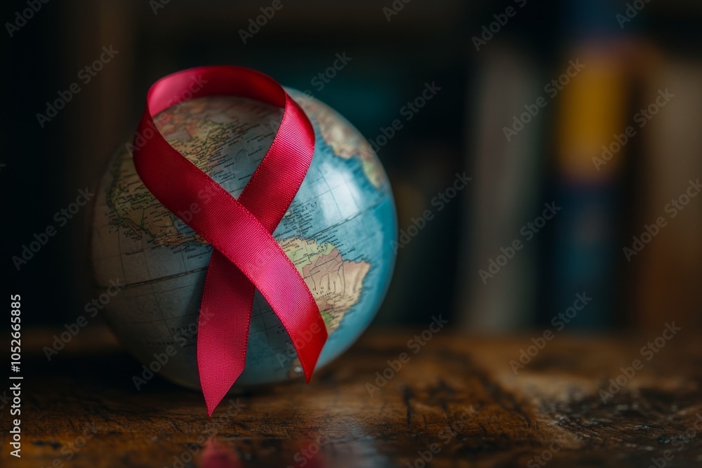 World health awareness red ribbon on globe symbolizing global hiv/aids ...