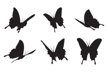 Black butterfly silhouettes. romantic tattoo, tropical insects stencil. Elegant wild flying moth of various shape.Summer and spring exotic symbols isolated vector set. 