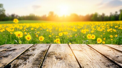 Wall Mural - serene sunset over meadow with wooden table