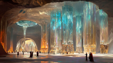 Awe-inspiring underground kingdom with stunning crystalline architecture and magnetic atmosphere. Crystal Palace. Illustration